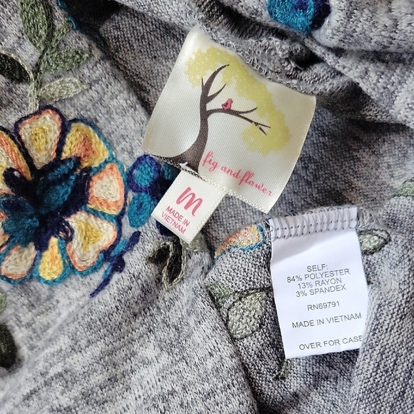 Anthropologie Fig and Flower Gray Blue Cardigan with Floral Embroidery SizeM - Picture 7 of 9